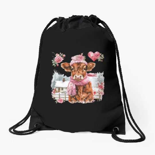 Cute Highland Cow Valentines Day Drawstring Bags