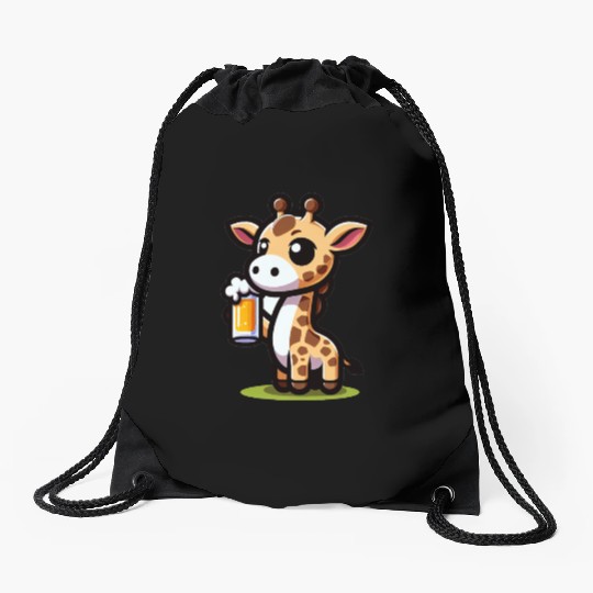 Cute Giraffe Drinking Beer Drawstring Bags