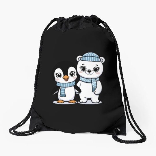 Happy Penguin and Polar Bear Best Friends Drawstring Bags