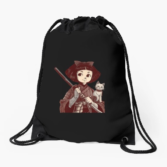 Chibi Samurai Warrior Cat Companion & Blossoms Drawstring Bags