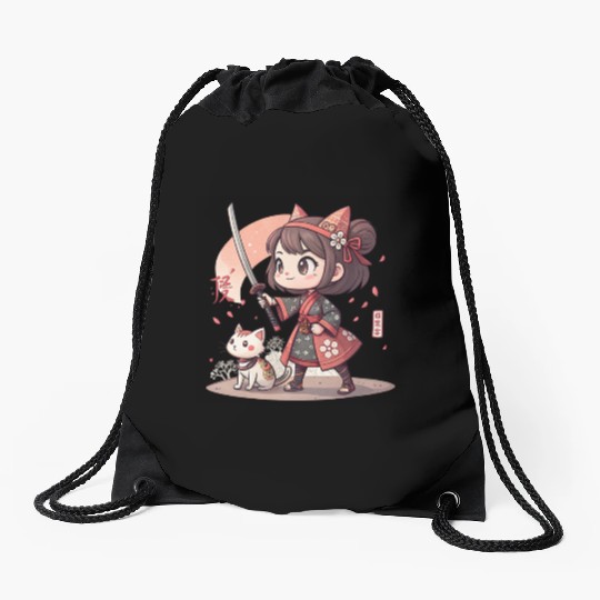 Adorable Anime Samurai Girl: Cat & Katana Design Drawstring Bags