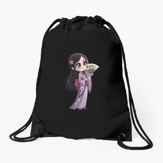 Cute Chibi Geisha Anime Inspired Kimono Design Drawstring Bags