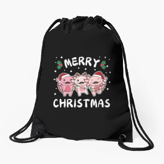 Merry Christmas Cute Axolotl Festive Lights Drawstring Bags