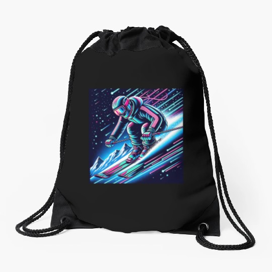 Neon Night Skiing Adventure Design Drawstring Bags