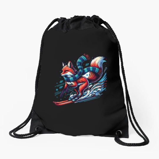 Fox Skiing Adventure in Winter Wonderland Drawstring Bags
