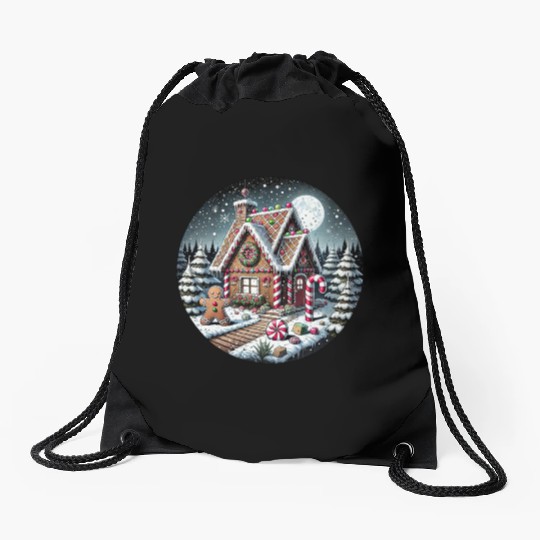 Christmas Gingerbread House with Candy Canes Drawstring Bags