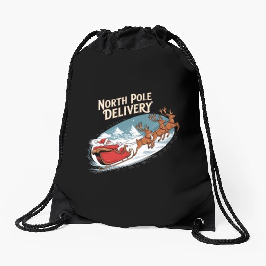 North Pole Delivery with Santa and Reindeer Drawstring Bags