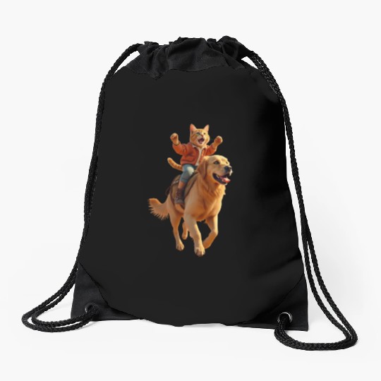 Funny Ginger Cat Riding Golden Retriever/Realistic Drawstring Bags