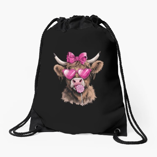 Highland Cow Valentines, Valentines Day, Retro Drawstring Bags