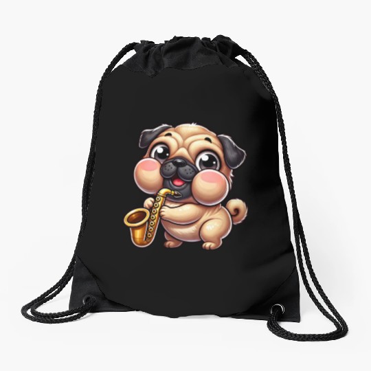Cute Pug Saxophone Musician Cartoon Jazz Drawstring Bags