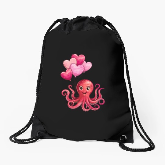 Octopus With Heart Balloons Valentines Day Octopus Drawstring Bags