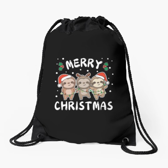 Merry Christmas Cute Sloth Festive Lights Sloth Drawstring Bags