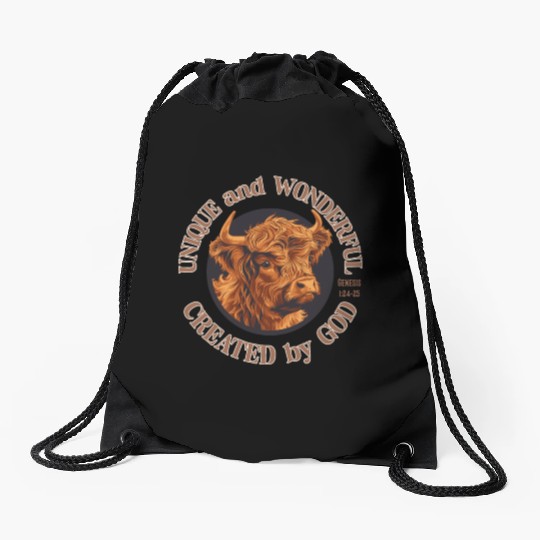 Unique and Wonderful Highland Cow Created by God Drawstring Bags