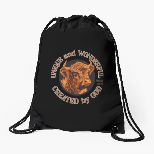 Unique and Wonderful Highland Cow Created by God Drawstring Bags