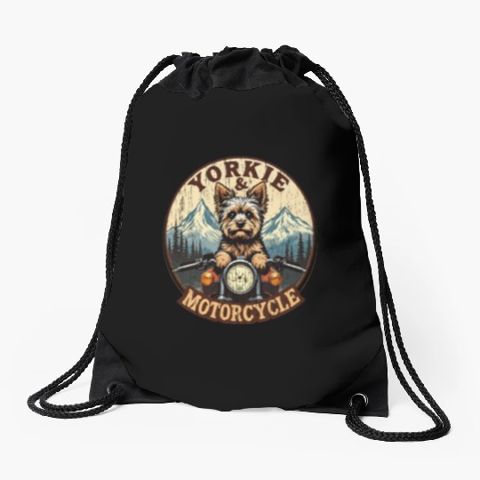 Retro Yorkie And Motorcycle Dog Lovers Funny Motor Drawstring Bags