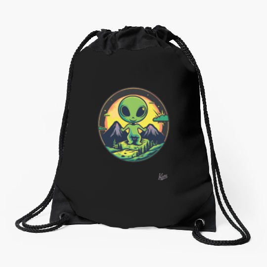 Cute Green Alien Loves Nature Drawstring Bags