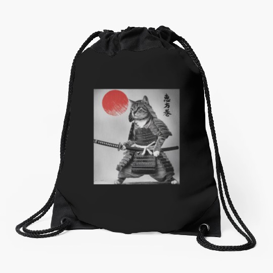 Kawaii Japanese Samurai Cat Vintage Japanese Cat Drawstring Bags