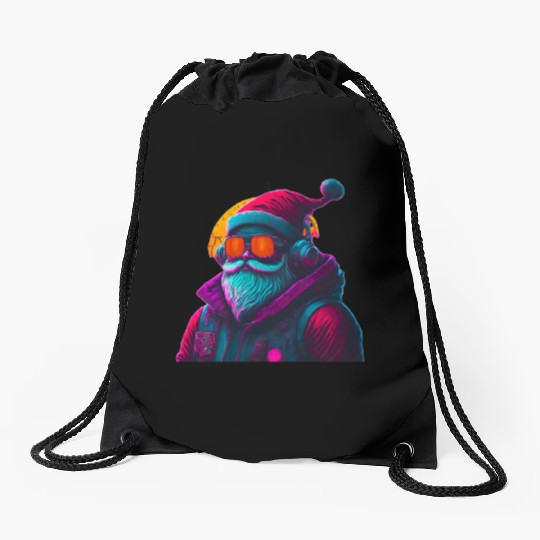 Retro Cool Santa Claus with Headphones Neon Colors Drawstring Bags