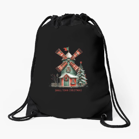 Small Town Christmas Plaid Windmill Drawstring Bags