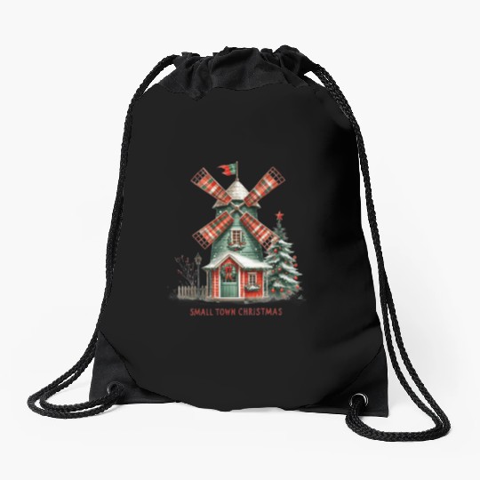 Small Town Christmas Plaid Windmill Drawstring Bags