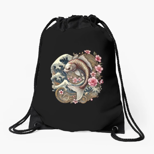 Elegant Koi Fish and Cherry Blossom Design Drawstring Bags