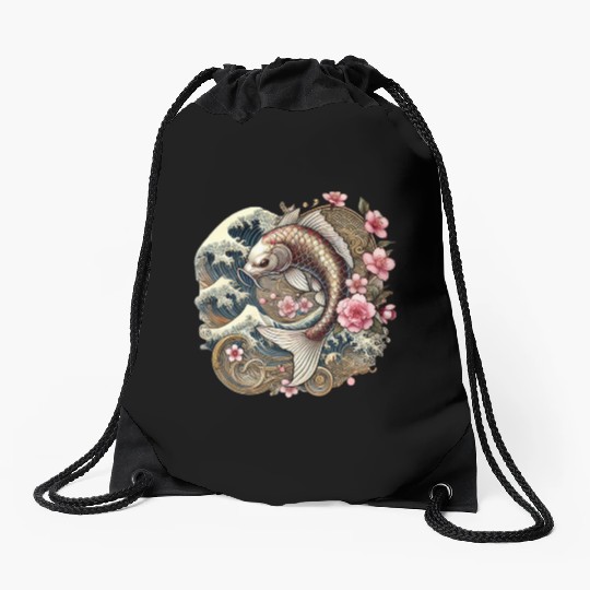 Elegant Koi Fish and Cherry Blossom Design Drawstring Bags