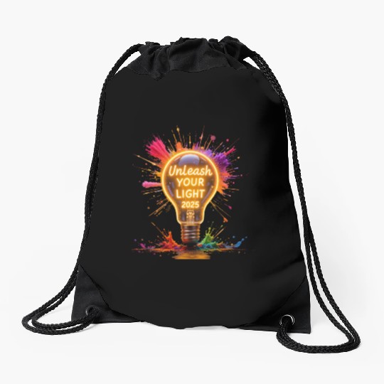 A large starburst glowing in neon light with 2025 Drawstring Bags