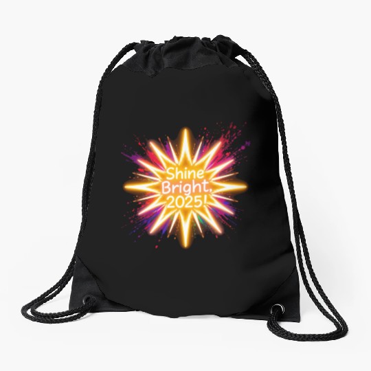 A large starburst glowing in neon light with 2025 Drawstring Bags