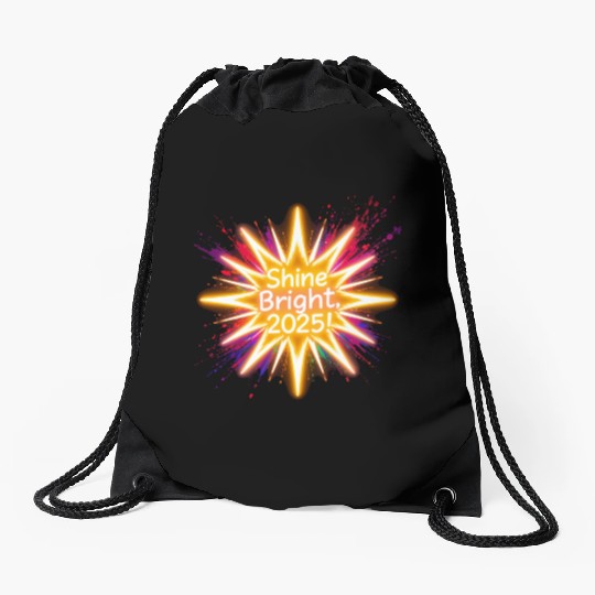 A large starburst glowing in neon light with 2025 Drawstring Bags