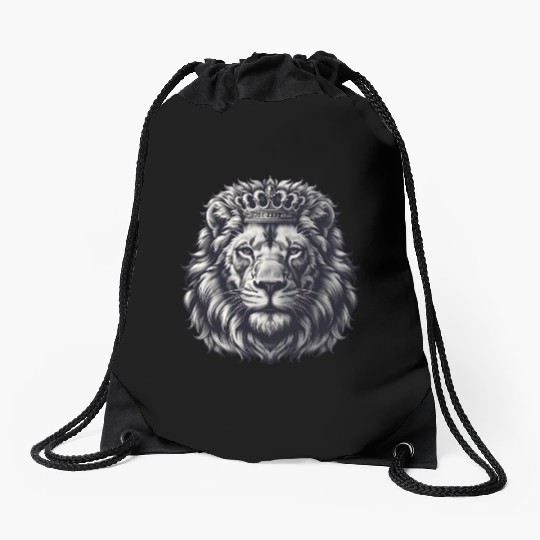 Royal Lion Face with Crown Black and Grey Drawstring Bags