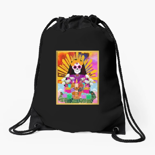 Rainbow Butterfly Santa Muerte Drawstring Bags
