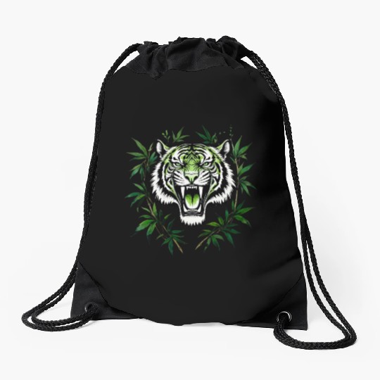 Fierce Green Tiger with Bamboo Branches Drawstring Bags