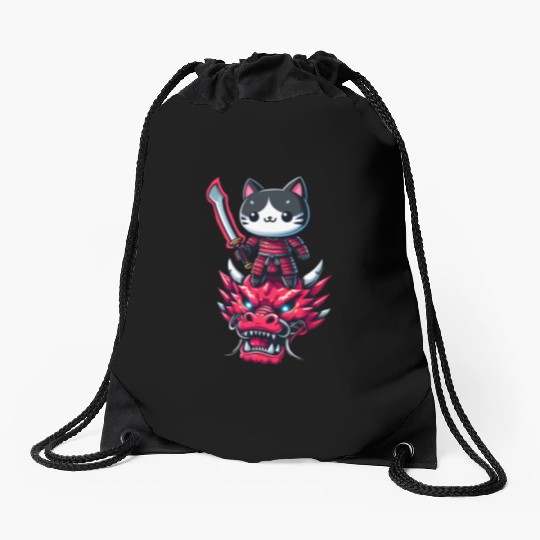 Samurai Cat with Sword on Dragon in Epic 3D Effect Drawstring Bags