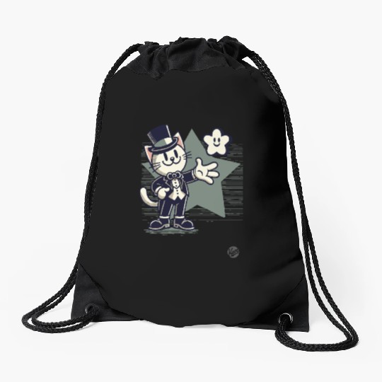 Happy Retro Cartoon Cat in Tuxedo with Star Drawstring Bags