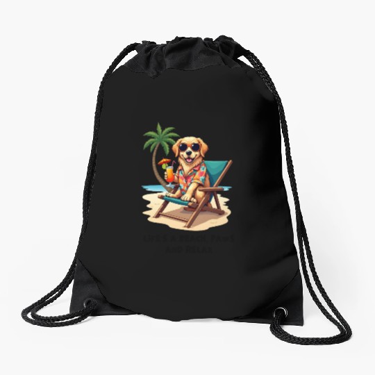 Golden Retriever Beach Vibes Drawstring Bags