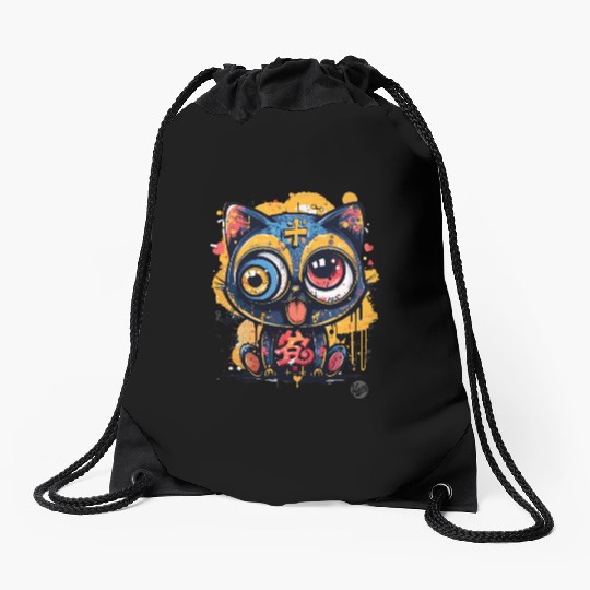 Psycho Lucky Cat – Glitch Meow Madness Drawstring Bags