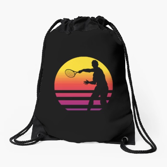 Retro Sunset Tennis Enthusiast Graphic Drawstring Bags