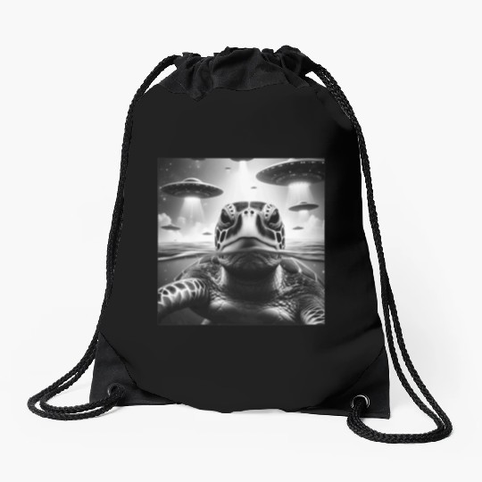 Sea Turtle Funny Graphic Selfie with UFOs Weird A Drawstring Bags