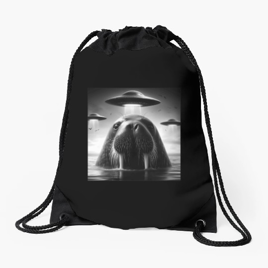 Walrus Sea lion Funny Graphic Selfie with UFOs Wei Drawstring Bags