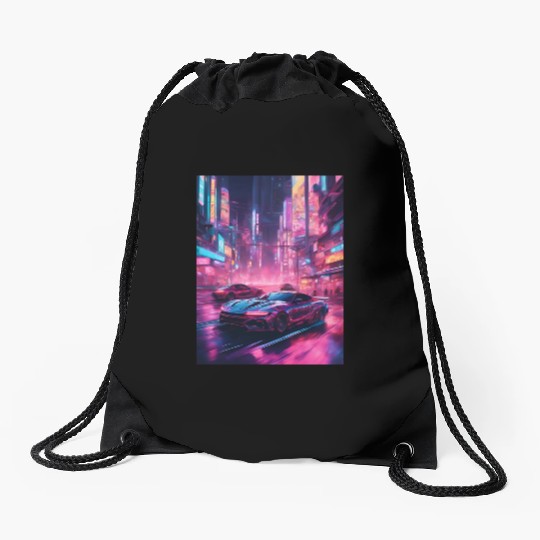 Street racers in downtown Tokyo Vaporwave Drawstring Bags