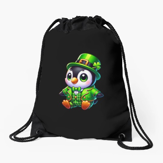 Cute St. Patrick's Day Penguin Cartoon Drawstring Bags