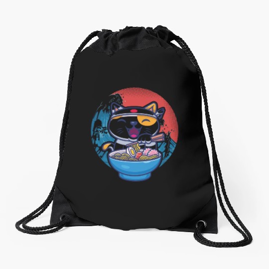 Japanese cat ramen Drawstring Bags