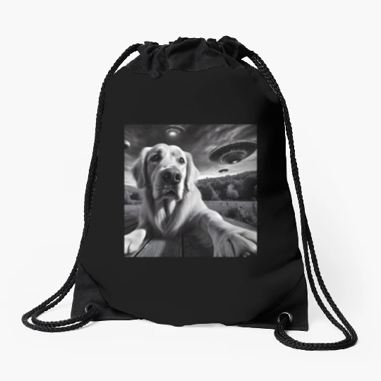 Golden Retriever Funny Graphic Selfie with UFOs We Drawstring Bags