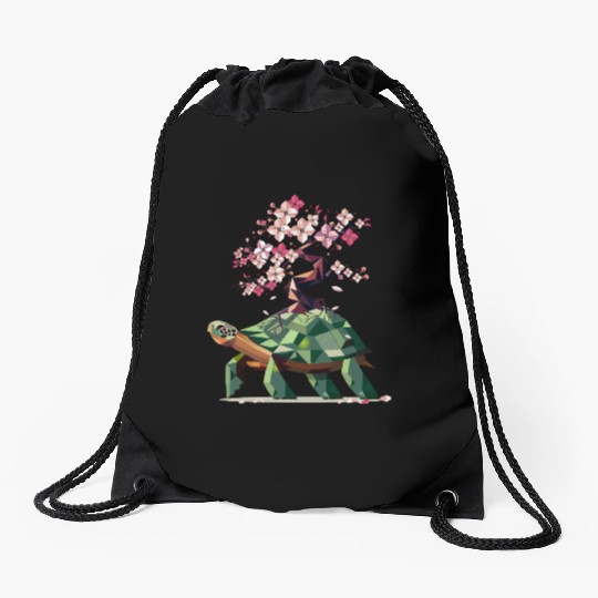 Turtle with blooming cherry blossom bonsai Drawstring Bags