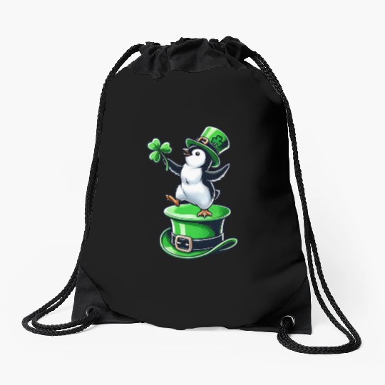 St. Patrick's Day Penguin top hat dancing clover Drawstring Bags