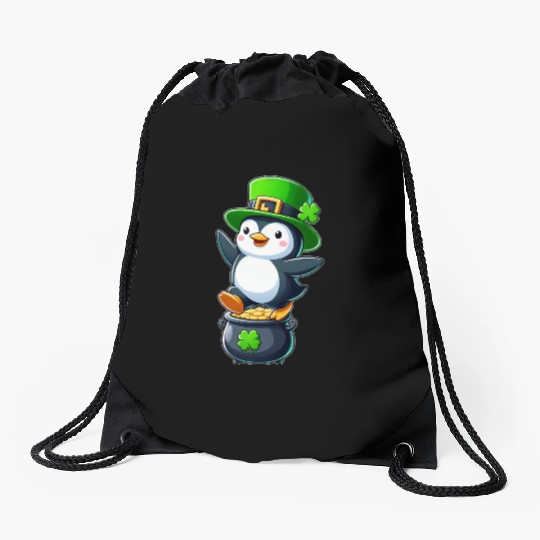 St. Patrick's Day penguin top hat clover Drawstring Bags