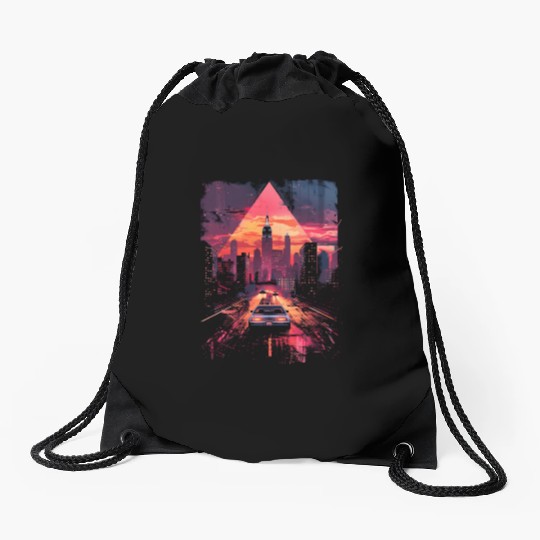 Vaporwave Retro Car City Synthwave 80s 90s Drawstring Bags
