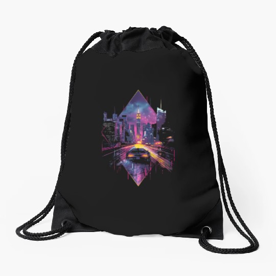 Retro Car Vaporwave City Synthwave 80s 90s Drawstring Bags