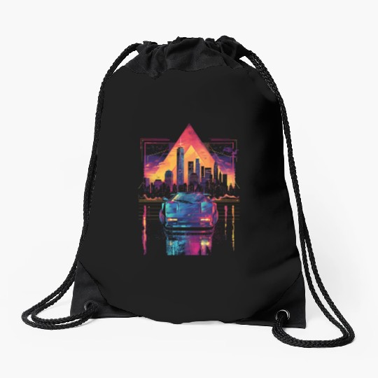 80s 90s Car City Synthwave Vaporwave Retro Drawstring Bags