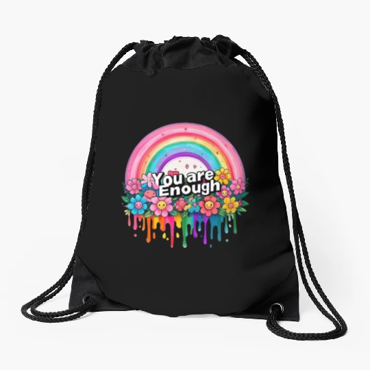"You Are Enough" Rainbow and Flowers Inspirational Drawstring Bags